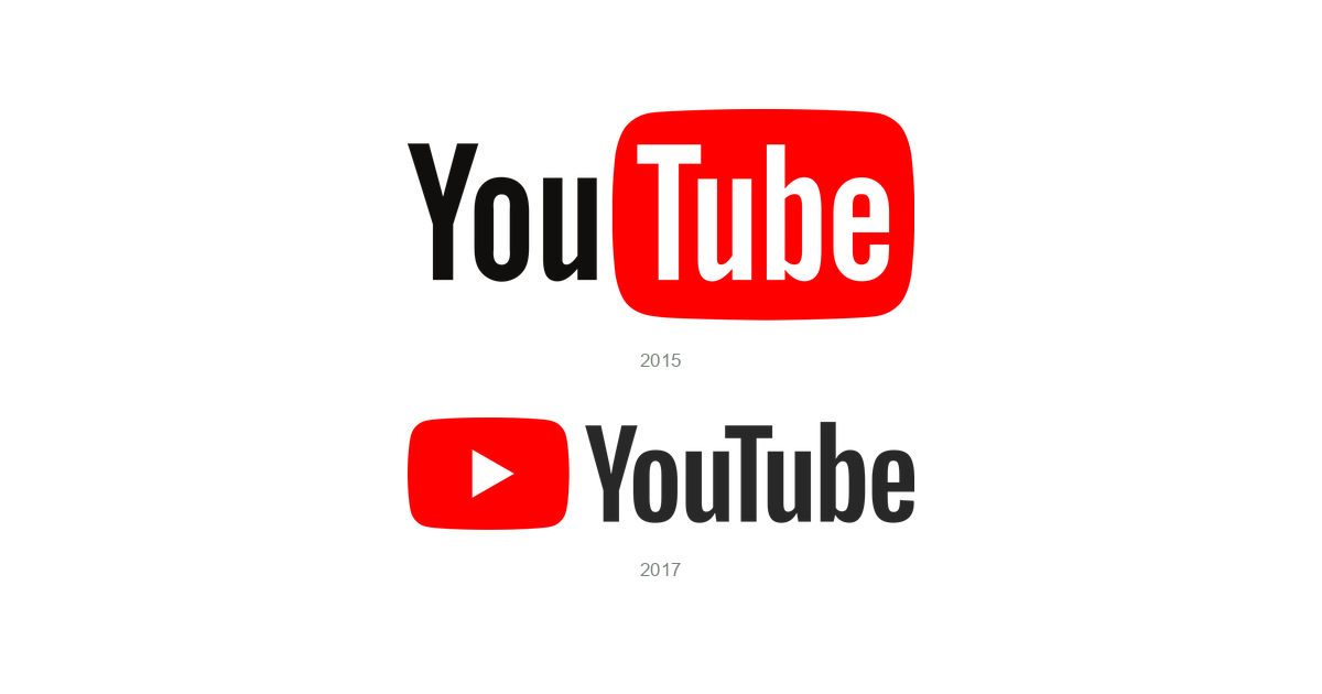 The YouTube wordmark used until 2017 above the 2017 redesign that replaced it, showing the shift from the boxed Tube to the play button