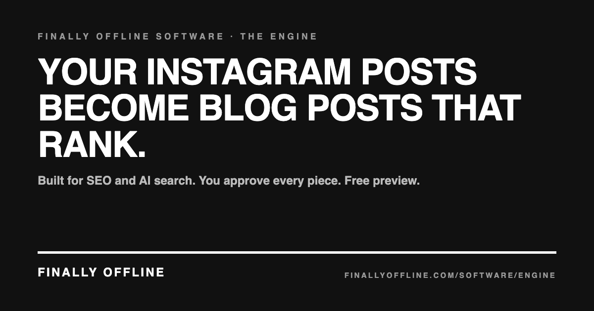 The Finally Offline software engine cover card, black wordmark on an off white ground.